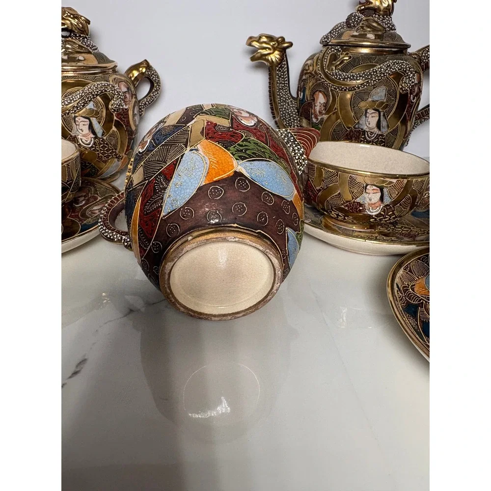Vintage Japanese Satsuma Moriage‎ Dragon Tea Set Hand Painted Gold Gilt 11pc
